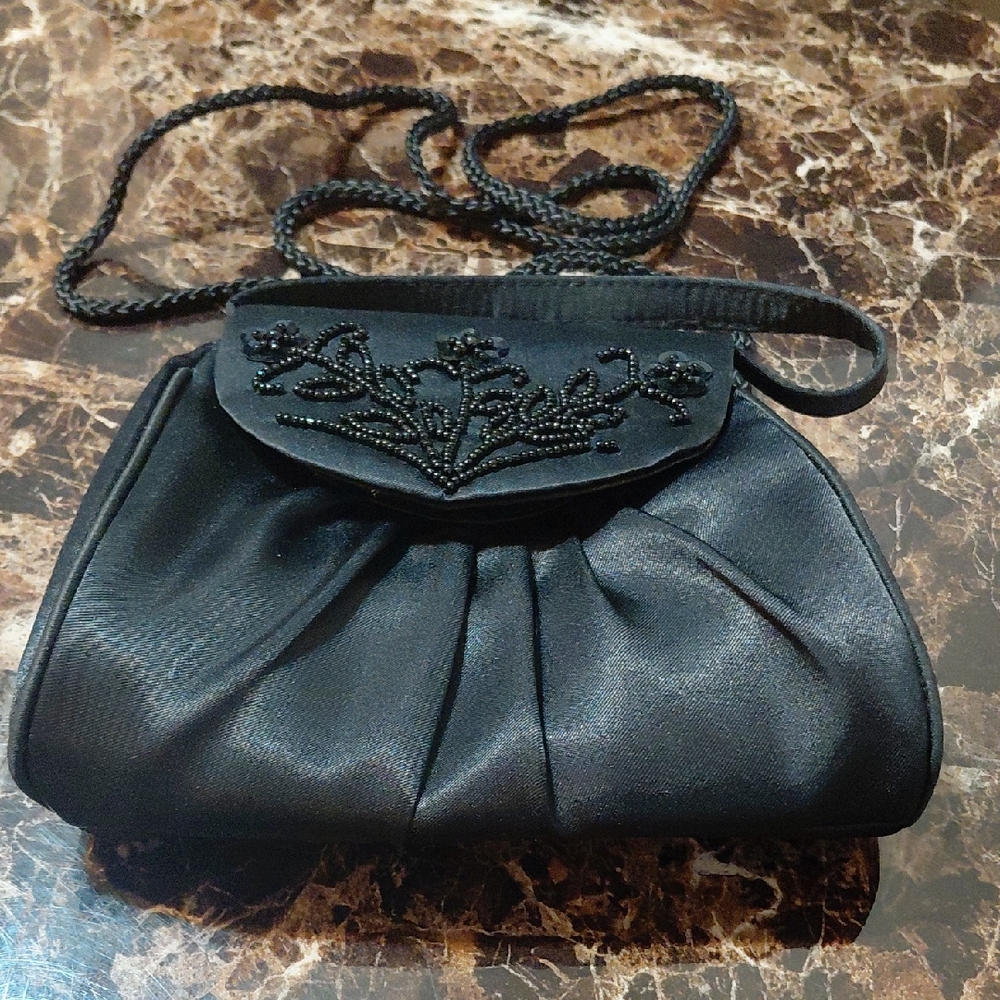 Girl's Black Beaded Satin Clutch